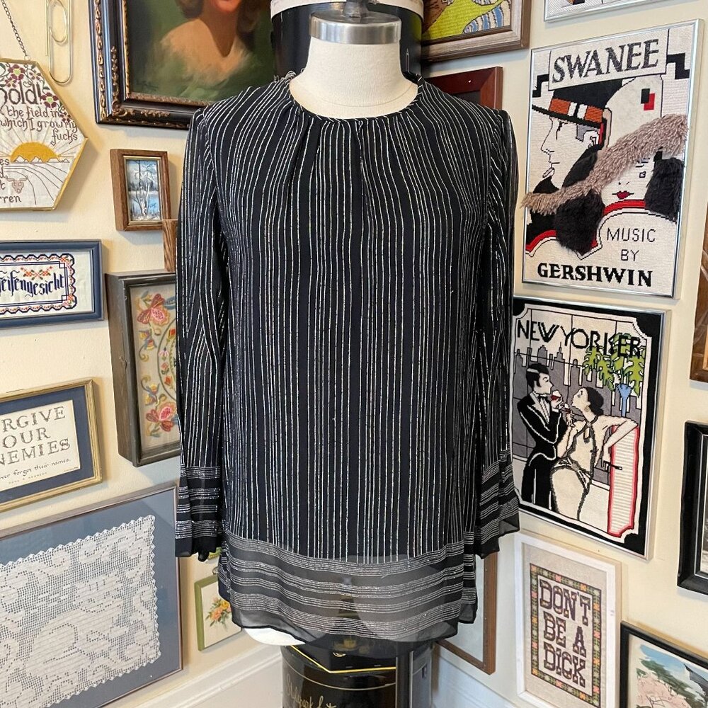 80s Vintage Jeri New York Black & Metallic Stripe Sheer Tunic Top Size 14